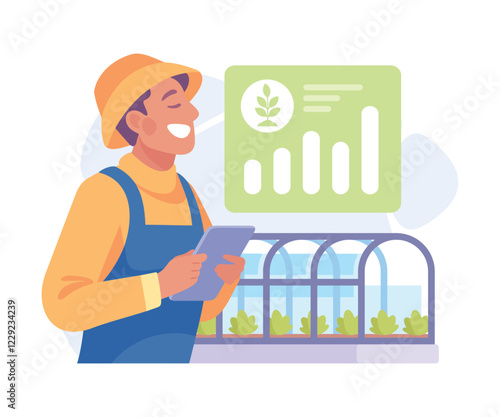 Farming Technology with Man Farmer with Tablet Managing Crop Growing Vector Illustration