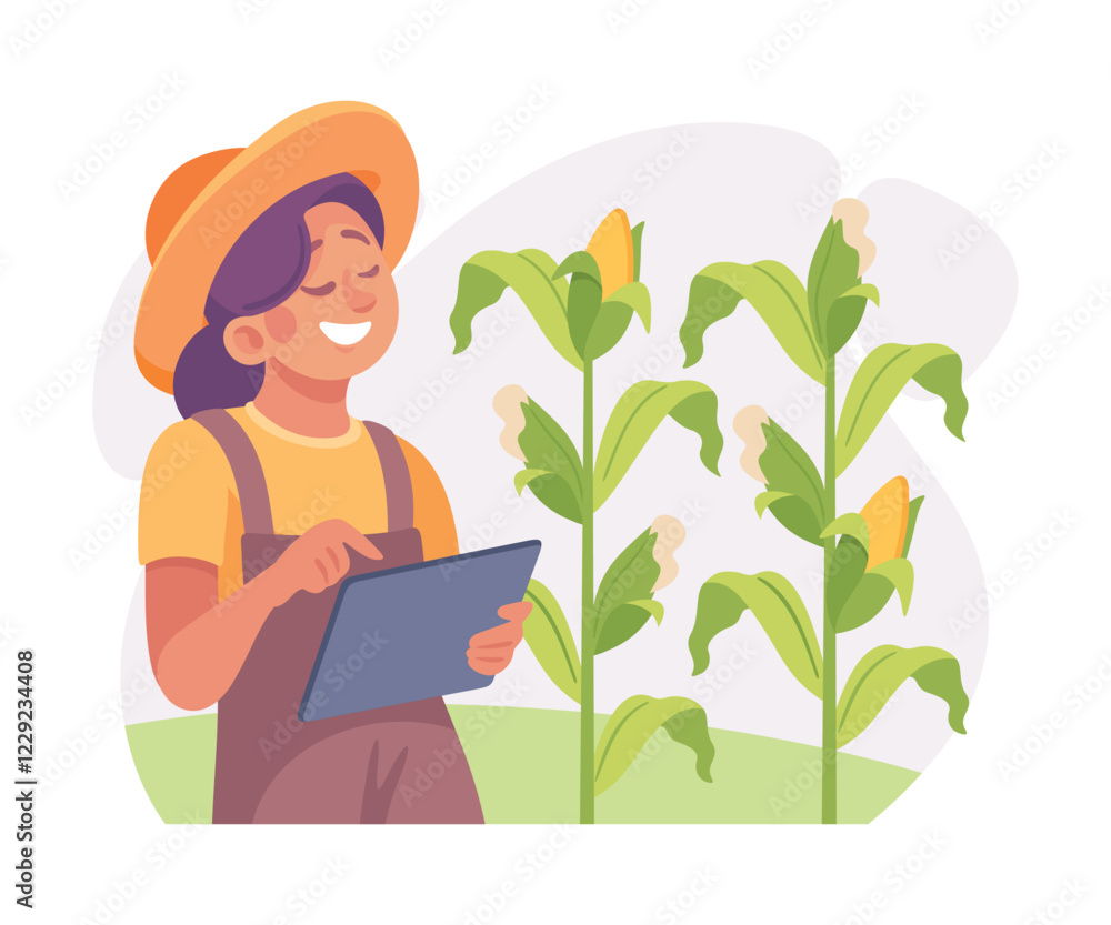 Farming Technology with Woman Farmer with Tablet Managing Corn Cob Growth Vector Illustration Farming Technology with Woman Farmer with Tablet Managing Corn Cob Growth Vector Illustration