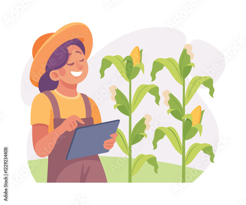 Farming Technology with Woman Farmer with Tablet Managing Corn Cob Growth Vector Illustration