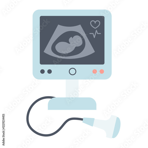 Ultrasound equipment with baby on the screen. Cartoon icon illustration in flat style.
