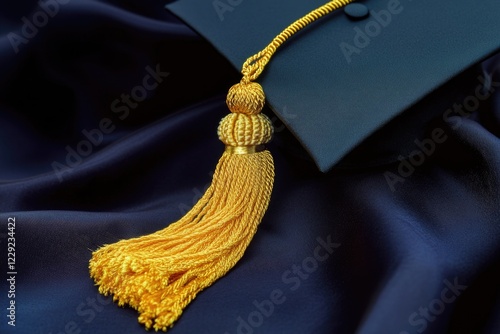 A graduation cap with a tassel on a blue cloth, perfect for academic or educational themed projects photo