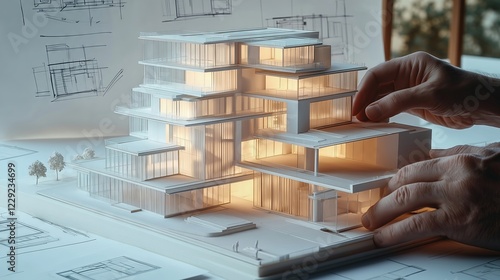 Architect completing modern sustainable building scale model with lighting photo