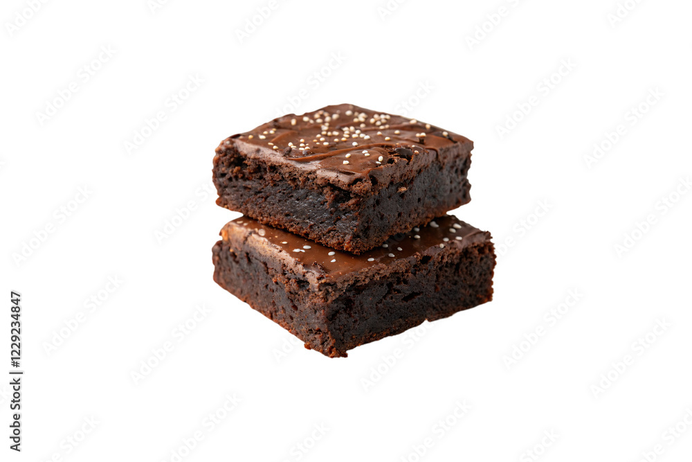 Two dense chocolate brownies topped with sesame seeds, combining rich sweetness with a hint of earthy crunch, isolated on a transparent background Two dense chocolate brownies topped with sesame seeds, combining rich sweetness with a hint of earthy crunch, isolated on a transparent background
