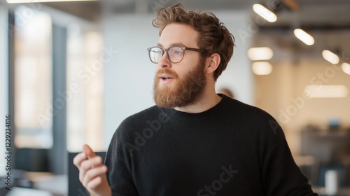 Young man in sweater engaged in conversation in modern office setting during daylight hours.