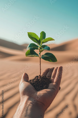 Person holding a sapling in a desert landscape, representing the fight against desertification photo