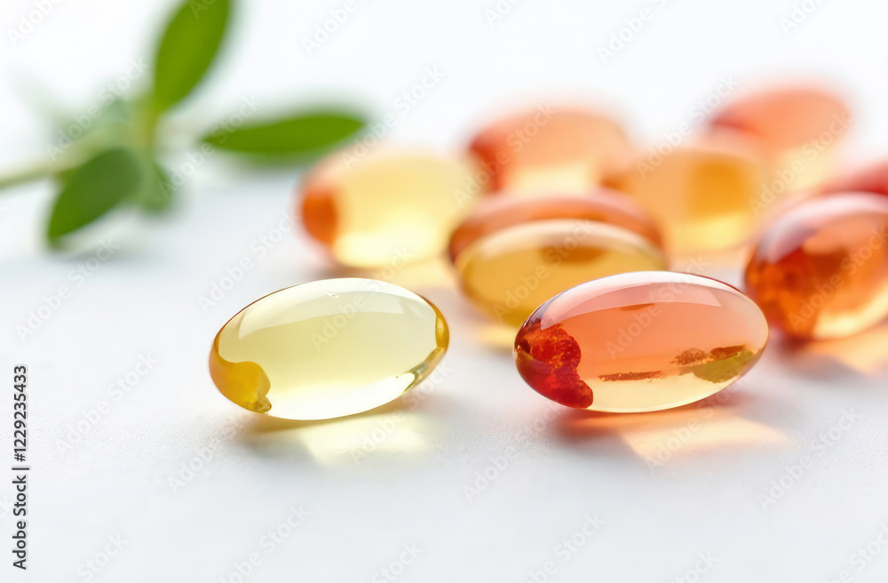 Transparent probiotic capsules neatly laid out on a white background. The capsules are brightly colored, which emphasizes their natural composition. The background is neutral. Transparent probiotic capsules neatly laid out on a white background. The capsules are brightly colored, which emphasizes their natural composition. The background is neutral.