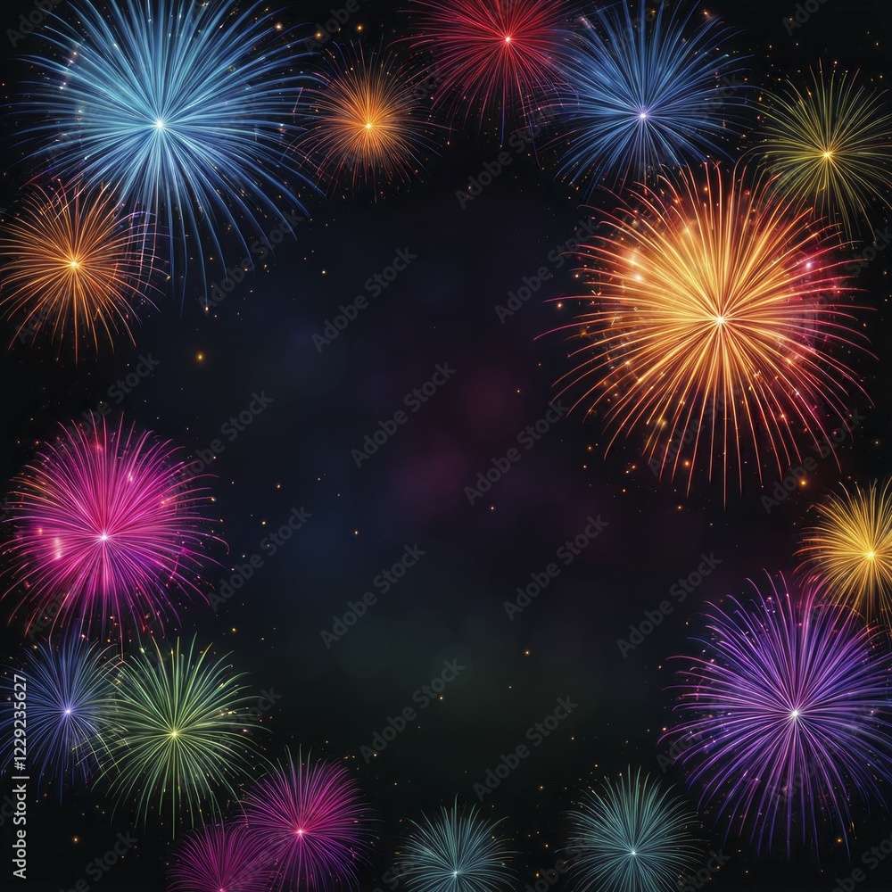 Naklejka premium Colorful fireworks bursting in a circle, framing the dark night sky in the center, AI generated