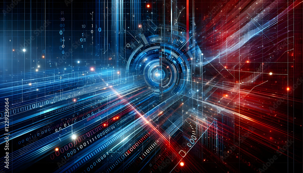 Obraz premium Background Technology A digital, futuristic theme with blue and red diagonal lines that create motion and energy, paired w3