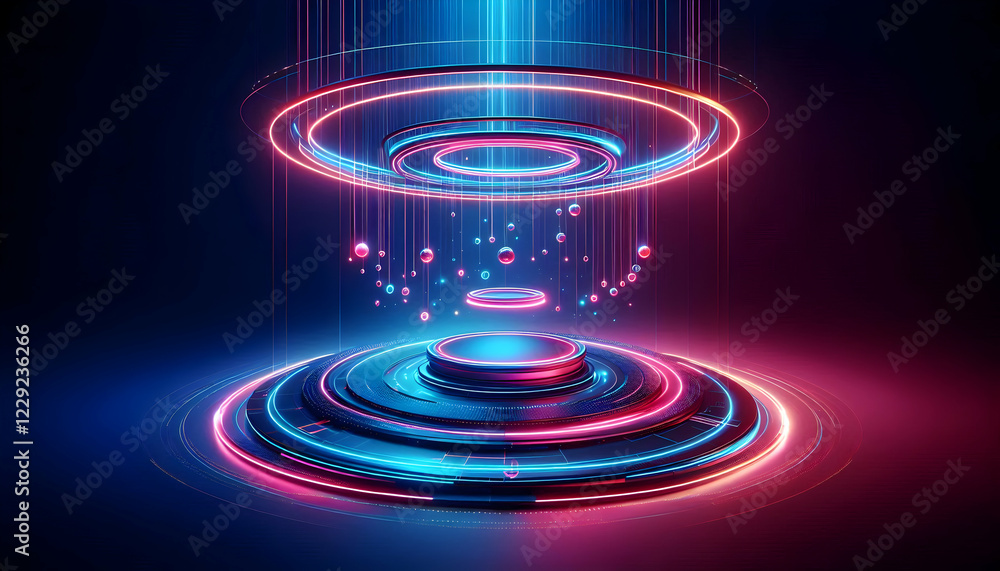 Fototapeta premium Background Technology A deep blue and pink background with a glowing, suspended circular platform, encircled by neon rings3
