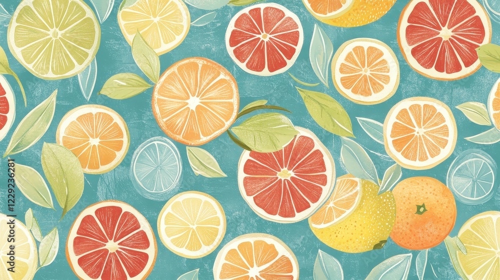 A fresh fruit pattern featuring overlapping citrus slices, including lemons, oranges, and grapefruits, set on a cool turquoise background A fresh fruit pattern featuring overlapping citrus slices, including lemons, oranges, and grapefruits, set on a cool turquoise background