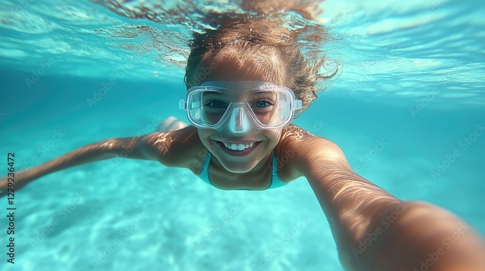 Naklejka premium Young caucasian girl swimming underwater with goggles in clear blue pool smiling