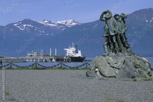 Oil loading port, statue in memory of the construction of the oil pipeline, Valdez on Prince William Sound, Alaska
