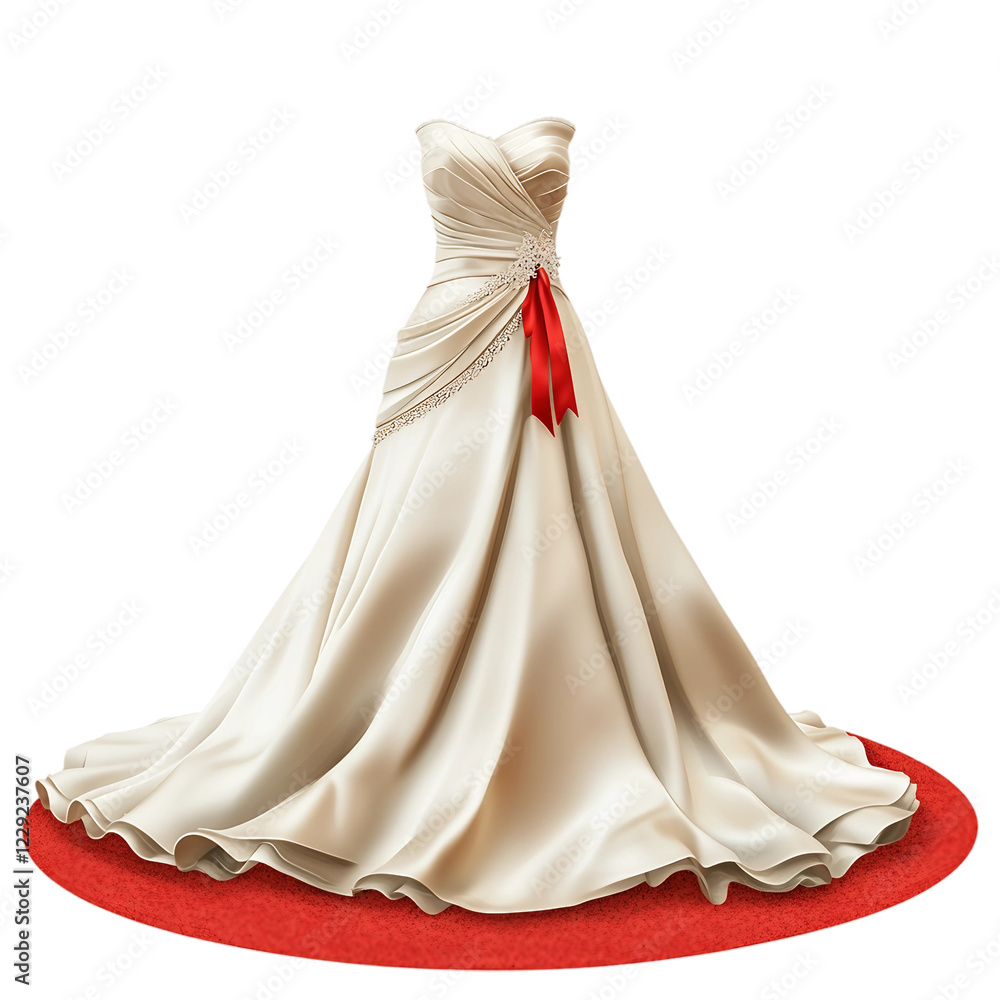 White dress with a red ribbon is shown on a red carpet White dress with a red ribbon is shown on a red carpet