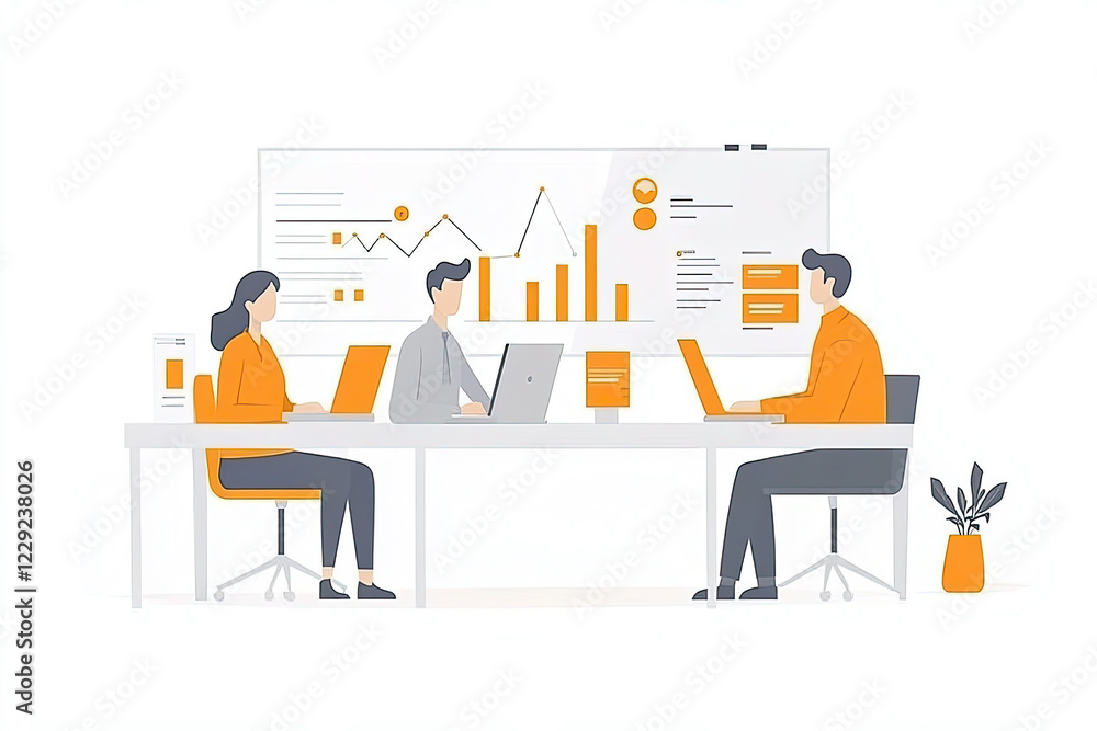 Illustration of business professionals in silhouette seated around a table analyzing colorful data charts and graphs. Ideal for concepts of teamwork, strategy, and analytics. Illustration of business professionals in silhouette seated around a table analyzing colorful data charts and graphs. Ideal for concepts of teamwork, strategy, and analytics.