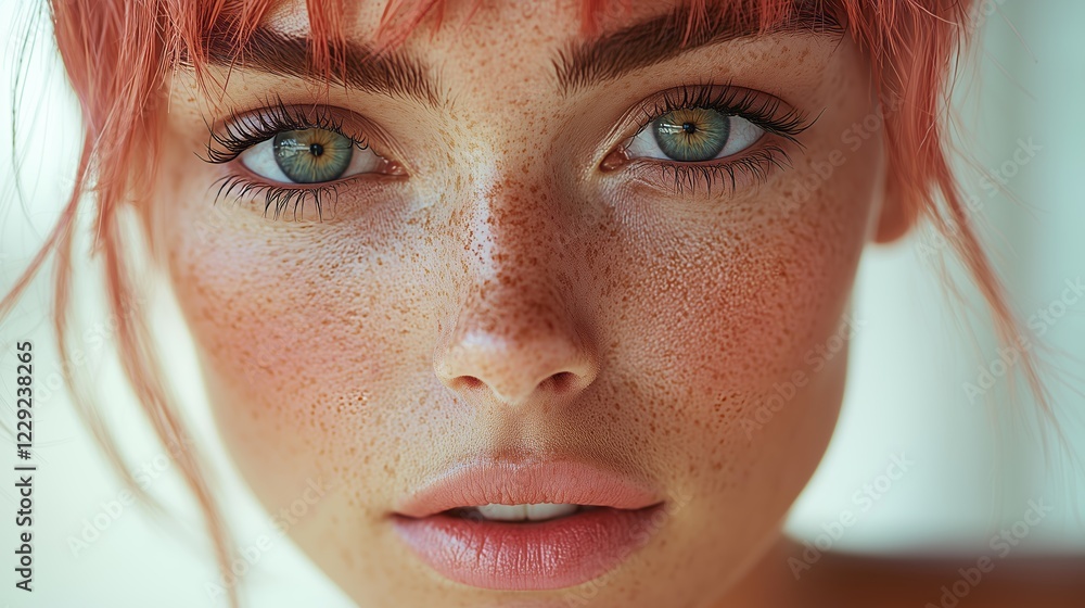 Fototapeta premium A detailed portrait capturing a woman's freckled face and striking green eyes, framed by vibrant red hair.
