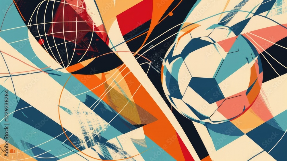 Fototapeta premium Abstract orange, black, and white swirling patterns with soccer floating in the air. Background image of digital wave with football ball floating. Digital art for vibrant and modern design. AIG51.