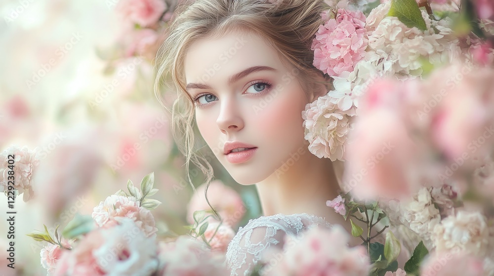 A serene portrait of a young woman surrounded by pink flowers, capturing beauty, elegance, and nature's tranquility. A serene portrait of a young woman surrounded by pink flowers, capturing beauty, elegance, and nature's tranquility.