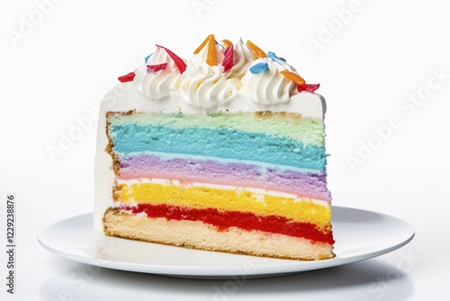 Rainbow colored layered slice of cake on plate. KI generiert, generiert AI generated photo