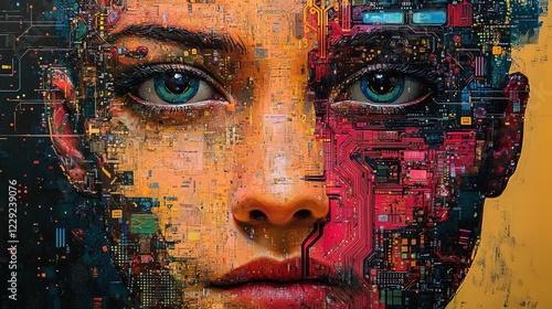 Abstract AI face composed of digital data and circuits, blending humanity and artificial intelligence  