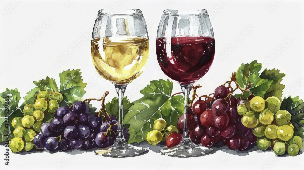 Illustration of two wine glasses with red and white wine surrounded by grapes and green leaves, AI generated Illustration of two wine glasses with red and white wine surrounded by grapes and green leaves, AI generated