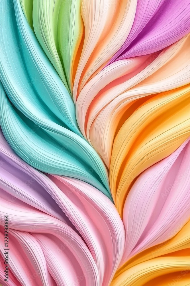 Naklejka premium Vibrant abstract composition of swirling, layered paper in pastel colors creating a dynamic and flowing wave effect.