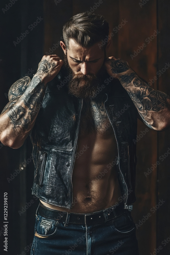 Obraz premium Photo of a shaded male muscular bearded biker putting on leather vest