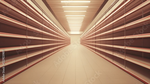 Empty supermarket aisle with shelves ready for stock  highlighting a serene shopping environment