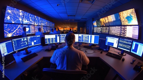 IT professionals managing an incident in a high-tech operations center, monitoring multiple screens displaying system alerts