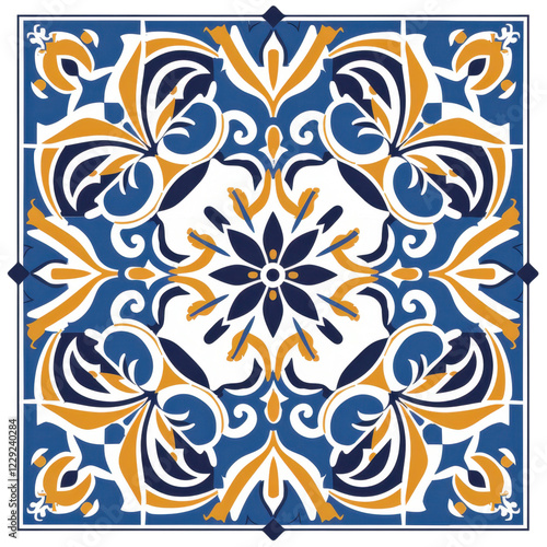 Intricate Traditional Tile Pattern in Blue and Yellow Colors