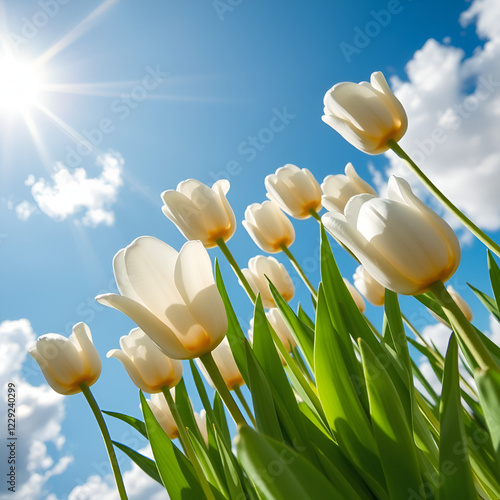 Spring arrives with a close-up of white tulips on a blue sky, captured from a bird's-eye view, enhanced by fluffy clouds and sun glare photo