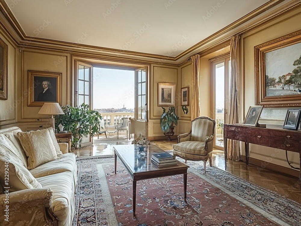 Fototapeta premium Luxurious apartment living room, sea view, balcony, classic decor, real estate