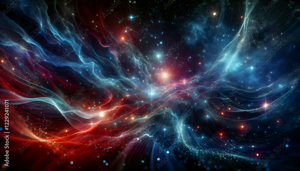 Fototapeta premium Background Technology An ethereal cosmic scene with intermingling blue and red waves of light particles, set against a dar1