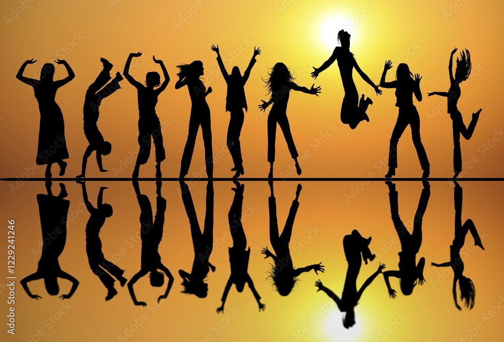 Fototapeta premium Silhouettes, dancing teenagers, reflection, sunset, illustration