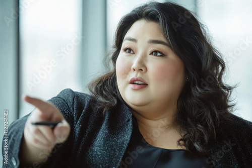 Female plus-size manager pointing at data on a screen during a team meeting photo