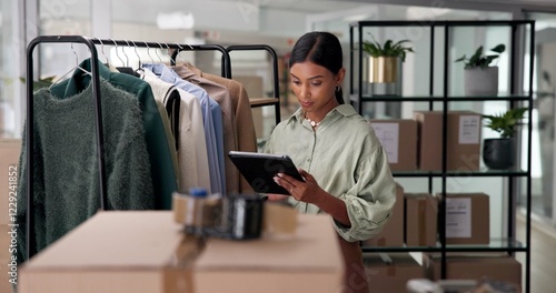 Photos Woman, tablet and inventory check at clothing store, online and update digital stock for business