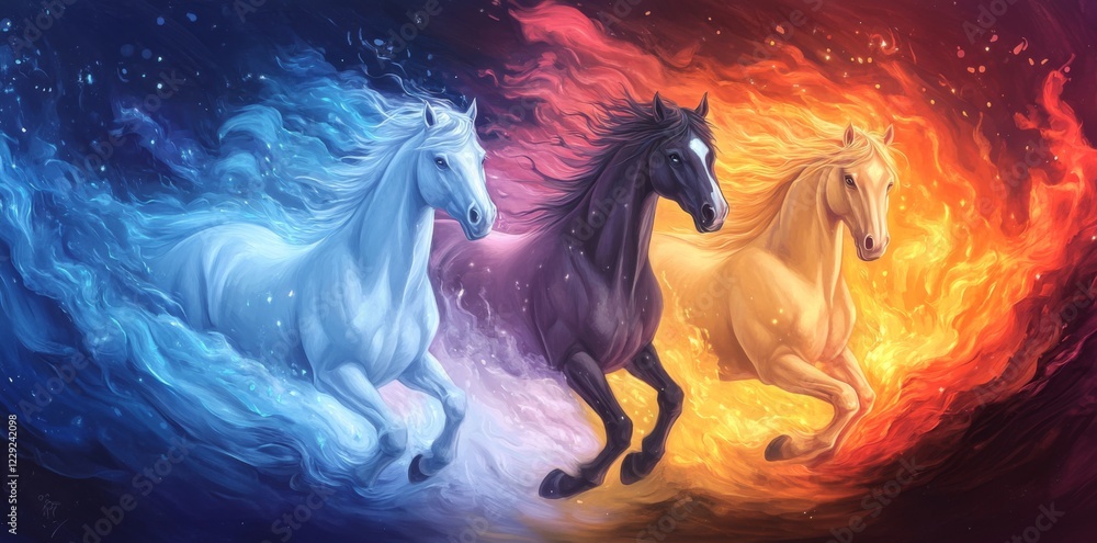 Fototapeta premium Oil painting: Three horses running in the wind 