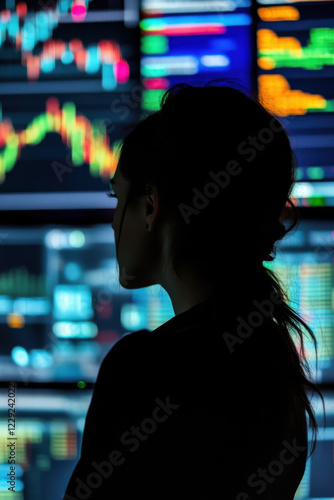 Silhouette of a woman looking at global financial markets on multiple monitors photo