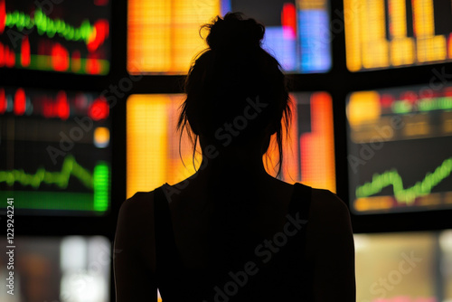 Silhouette of a woman looking at global financial markets on multiple monitors photo