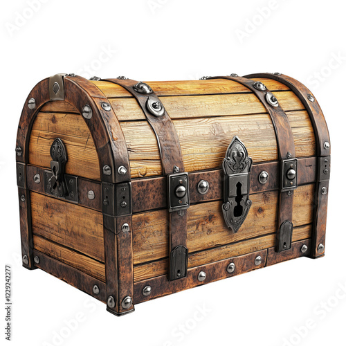 Rustic wooden treasure chest reinforced with iron bands and a vintage lock, isolated on a transparent background. Perfect for fantasy, adventure, and historical themes photo