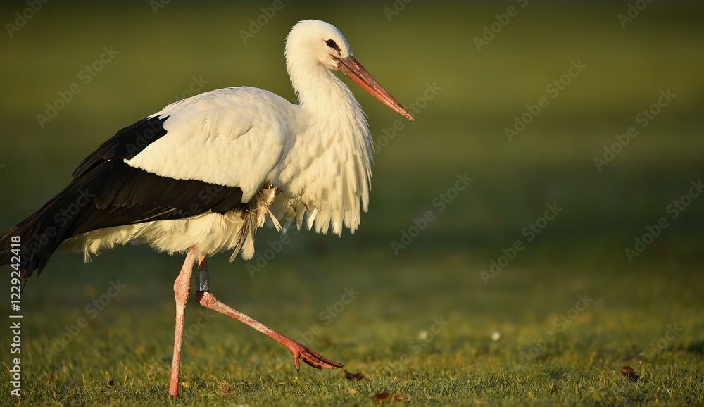 Fototapeta premium White Stork (Ciconia ciconia) in the morning light in a meadow, Baden-Württemberg, Germany, Europe