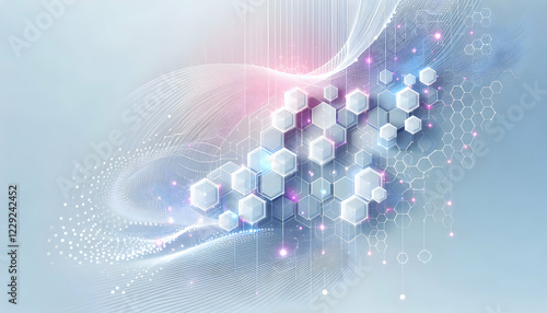 Background Technology A white gradient background fading to pale blue with hexagons in a honeycomb structure, glowing violet dots at vertices, and silver lines forming a flowing pattern (3)