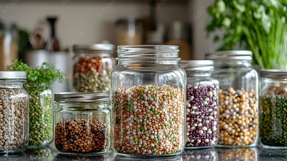 Beans Nutritious Superfood, Eco-friendly Food Storage Jars on Kitchen Counter with Copy Space Beans Nutritious Superfood, Eco-friendly Food Storage Jars on Kitchen Counter with Copy Space
