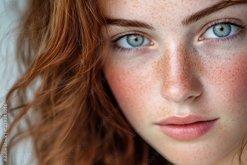 Fototapeta premium A close-up photo of a woman's face showing freckles, suitable for use in beauty or lifestyle contexts