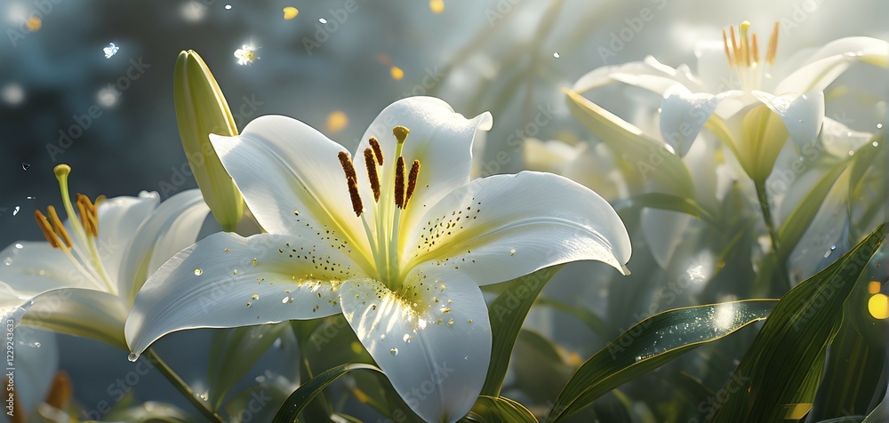 Obraz premium Blooming Easter lilies with soft white petals and a yellow center, bathed in gentle sunlight, AI generated