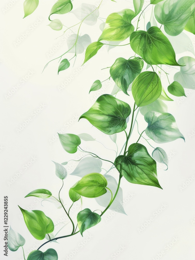 Obraz premium Delicate green leaves on vines in watercolor style on a white background, AI generated