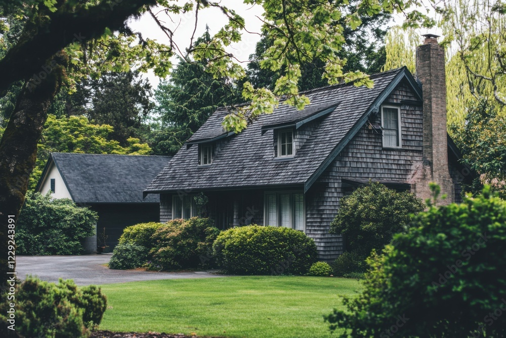 Nestled within a serene suburban neighborhood, this delightful cottage is embraced by vibrant greenery, creating a picturesque scene on a peaceful afternoon Nestled within a serene suburban neighborhood, this delightful cottage is embraced by vibrant greenery, creating a picturesque scene on a peaceful afternoon