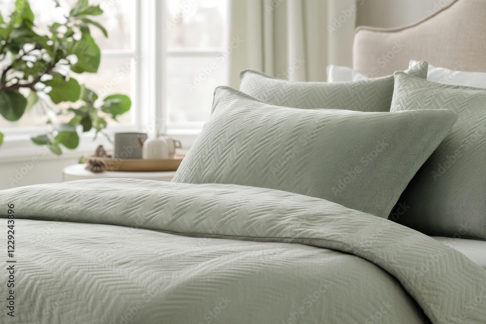 Obraz premium Soft green bedding arranged on a cozy bed with natural light streaming through the window in a comfortable bedroom setting