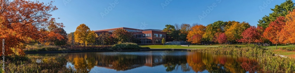 A serene pond in front of a building surrounded by trees, perfect for use in landscape or architecture photography A serene pond in front of a building surrounded by trees, perfect for use in landscape or architecture photography