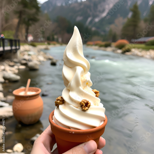 On a riverside vanilla frozen dessert with walnuts arrives in clay pots photo