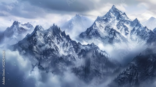 Wallpaper Mural Snow-covered mountain peaks surrounded by mist, evoking a cold, dramatic atmosphere with visible forests below, AI generated Torontodigital.ca